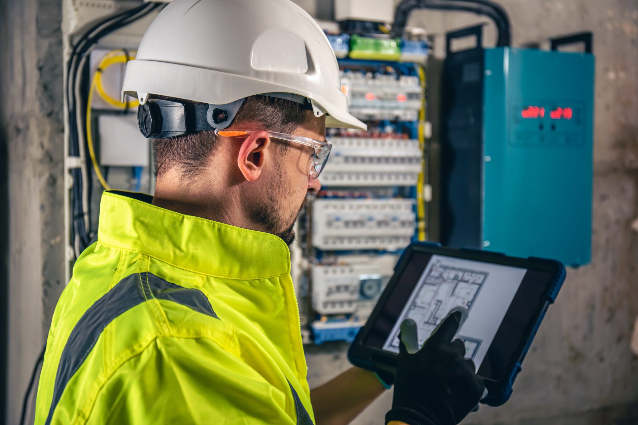 Man, an electrical technician working in a switchboard with fuses. Installation and connection of electrical equipment. Professional uses a tablet.